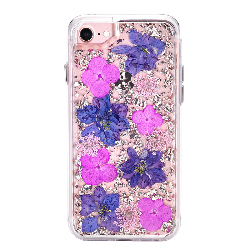 iPhone 8 / 7 / 6S / 6 Luxury Glitter Dried Natural Flower Petal Clear Hybrid Case (Rose GOLD Purple)